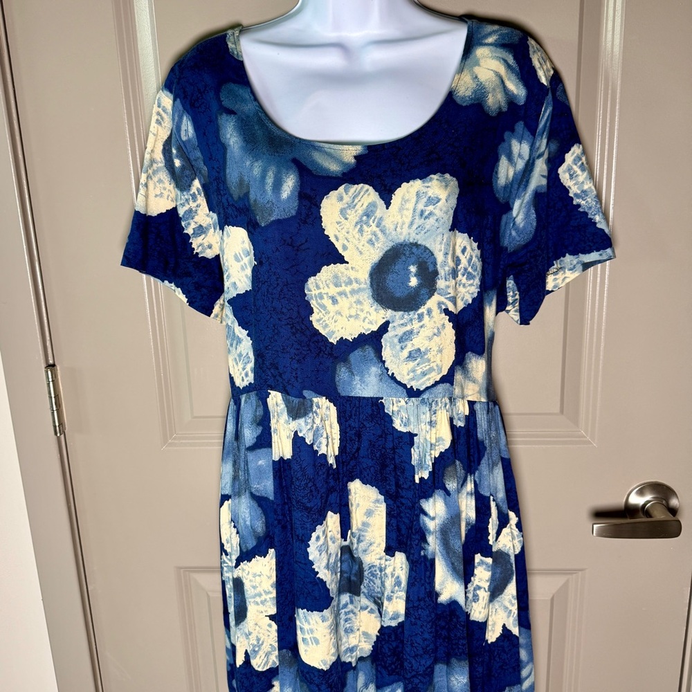 Vintage Maxi Dress XXL Blue Floral Bold Print Tie Waist Boho 90s - Picture 2 of 6